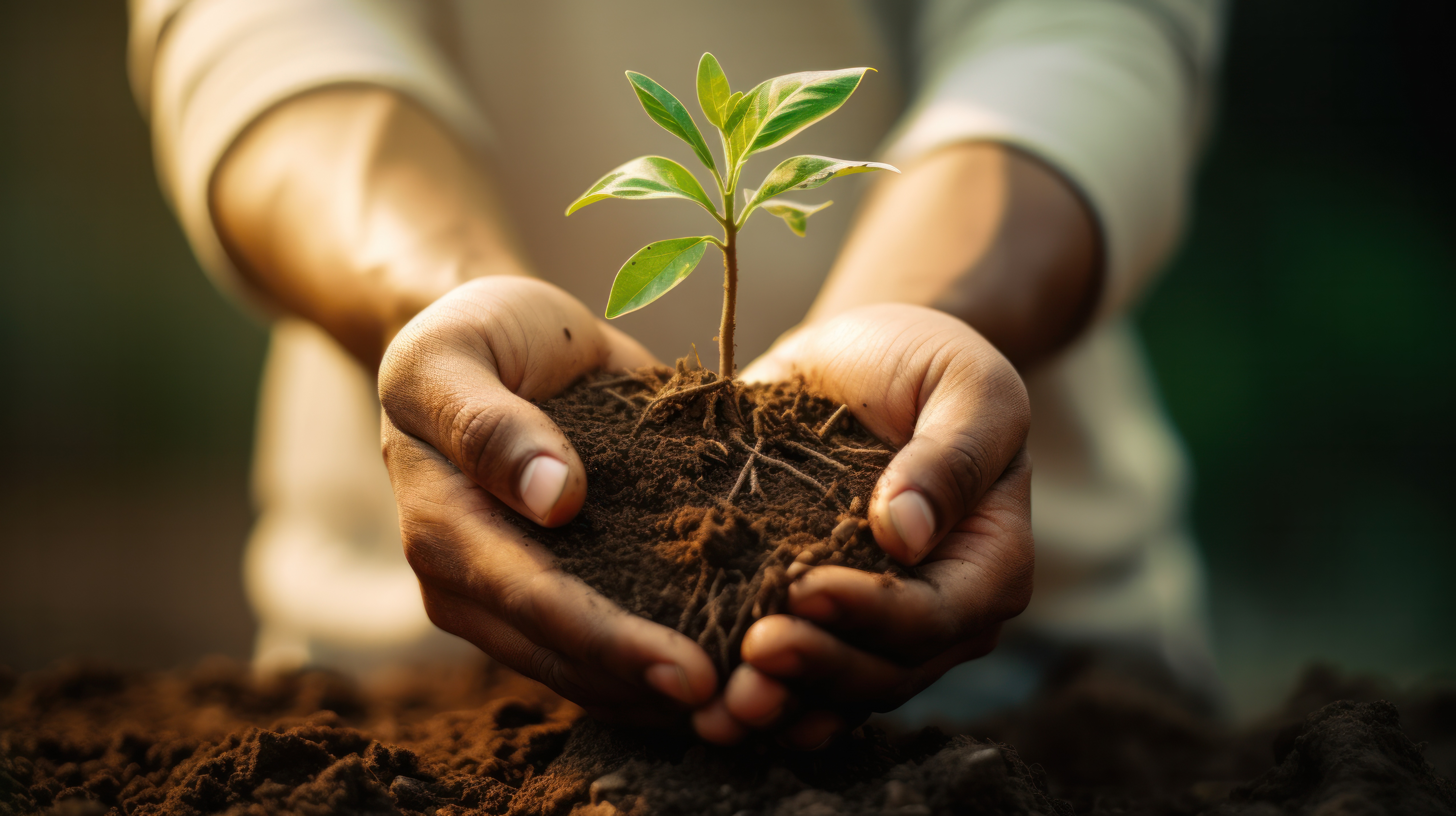 A hand gently planting a young tree in the soil, symbolizing growth, sustainability, and the nurturing of nature. Generative AI